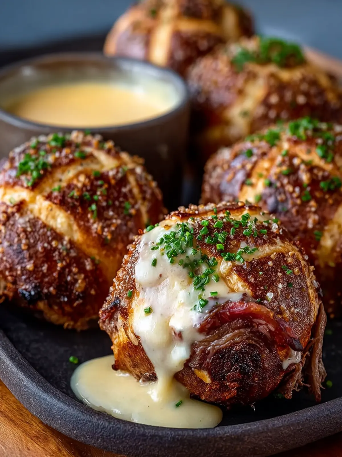 Smoked Brisket Pretzel Bombs with Creamy Cheese Sauce First Image
